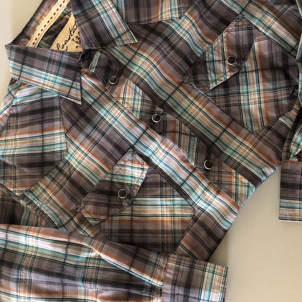 Plaid, grey, green western shirt, snap button